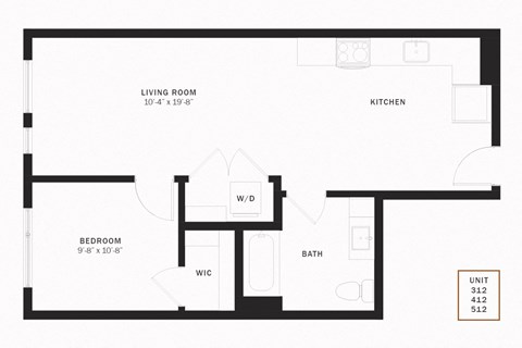 Floor plan for 1 bed, 1 bath, 671 sqft